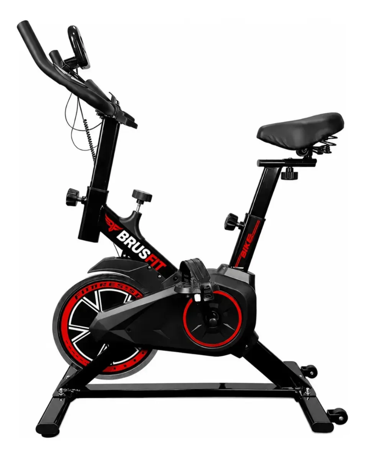 Bicicleta ergométrica de spinning preta e vermelha