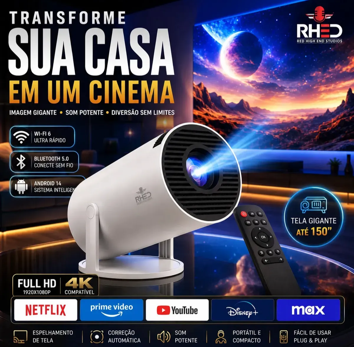 Projetor portátil RHED com Android
