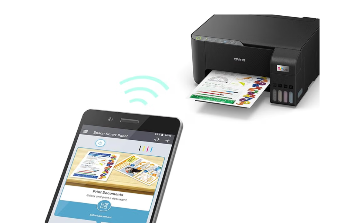 Impressora Epson EcoTank L3250 vista de frente imprimindo um documente colorido