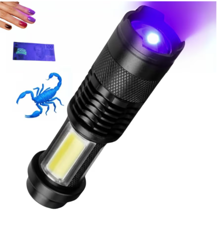 Lanterna LED UV luz negra detectando cédula falsa e mostrando marca de escorpião fluorescente