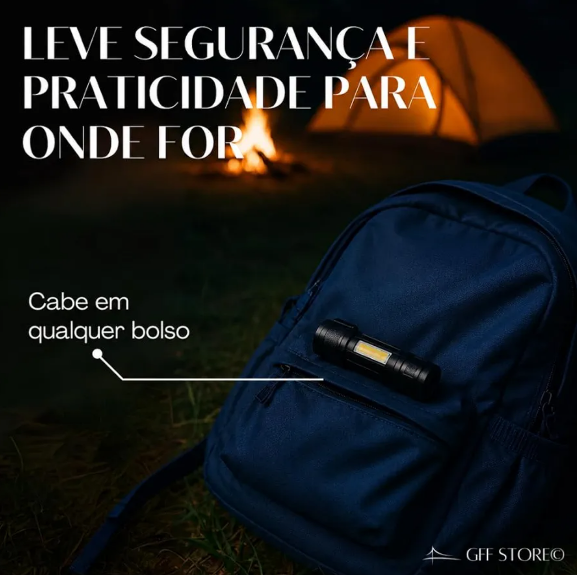 Lanterna UV compacta guardada no bolso de uma mochila em acampamento
