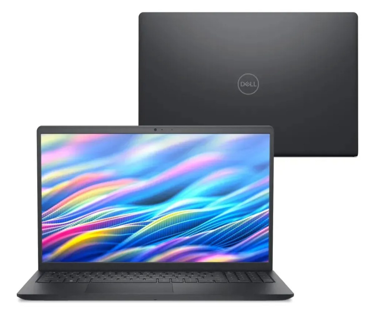 Notebook Dell aberto e fechado, mostrando a tela colorida e a tampa com logo Dell