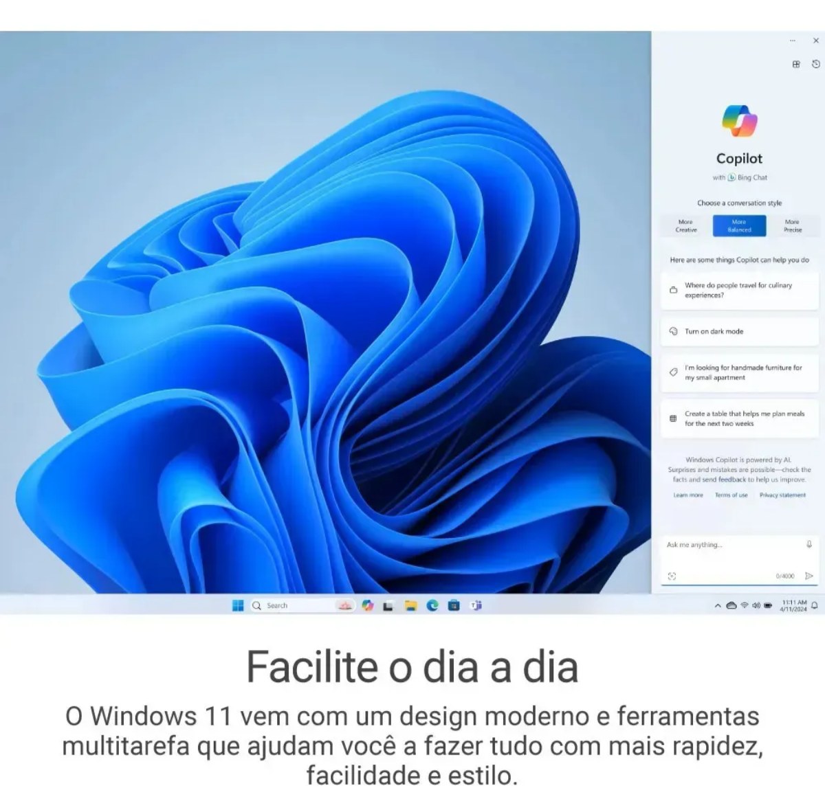 Tela do Windows 11 com o assistente Copilot aberto ao lado
